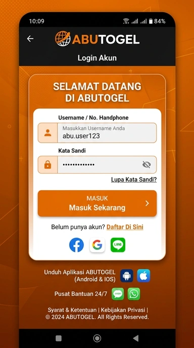 Tampilan halaman login abutogel